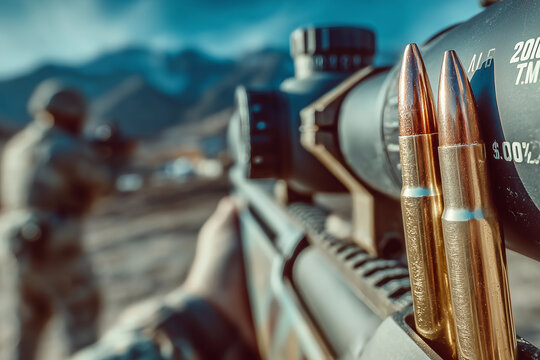 Ammunition prepared alongside a high-powered scope during military training exercises in a rugged outdoor environment