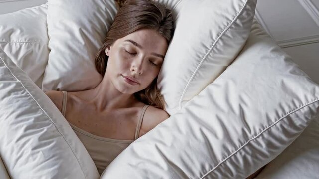 Relaxed woman enjoying a pile of soft pillows