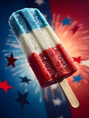 ice cream with vibrant layers of glossy red, creamy white, and icy blue, slightly melting with visible frosty texture. 4th july, independent day theme.