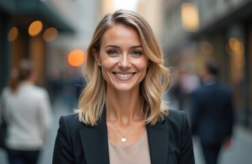Smiling businesswoman in city environment. Confident pro blond female in black jacket, elegant corporate style, business headshot. Urban lifestyle, career, successful achievement.