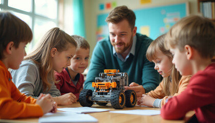 Teacher shows children how to program mechanical robot. Students listen carefully. Young pupils study engineering, technology. Robotics class at school, STEM education.