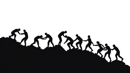 People helping each other climb a hill