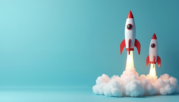 Two rockets launch from clouds against vibrant blue background. Spacecrafts take off. Start up, business launch, new idea, creative concept, innovation. Symbol of new opportunities. Minimalist design