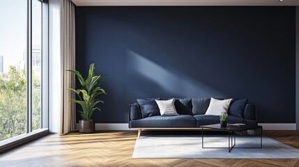 Modern, minimalist living room with city view