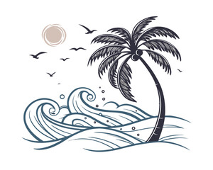 Stylized Palm Tree on Ocean Waves with Birds and Sun
