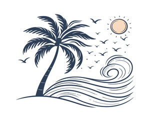 Summer Beach Scene with Palm Tree Waves and Birds