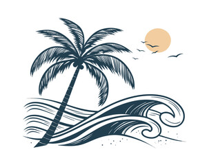 Palm Tree on Beach with Ocean Waves and Sun Graphic Illustration