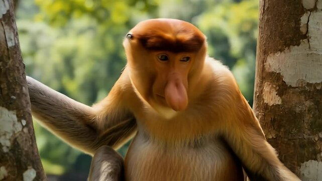 Proboscis monkey clinging to a tree in a lush forest