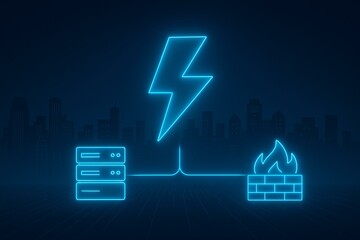 Futuristic Digital Connectivity Concept with Neon Icons of Server, Lightning, and Firewall