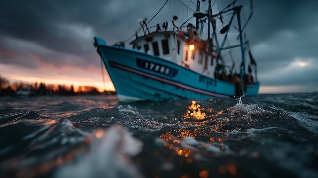 A fishing boat enveloped in flames amidst stormy seas and dark skies