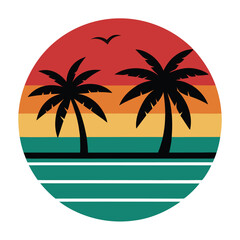 Retro sunset with palm trees and ocean waves creating a vibrant tropical evening scene