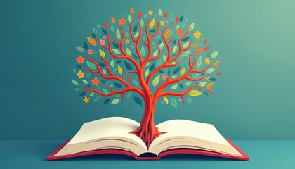 Open book with tree growing from pages. Illustration symbolizes knowledge, education, learning. Concept of growth, development, wisdom, reading, literature, study, science, idea, imagination.