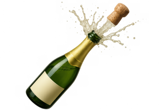 Bursting champagne bottle releasing golden effervescence, cork flying mid-air against transparent backdrop, signaling festive celebration