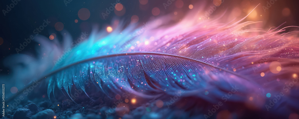 Poster vibrant iridescent feather glows softly in dark. delicate, smooth texture with bokeh effect. magical