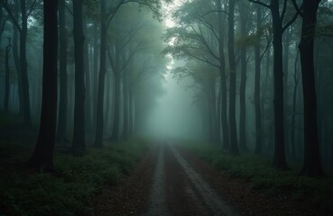 Naklejka premium Mystic morning forest. Trees disappear into fog. Peaceful path leads between tall trees. Travel, hiking, scenic beauty, eco tourism concept. Atmospheric picture from nature.