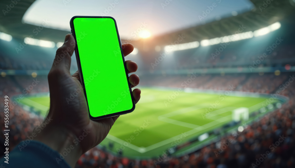 Aufkleber Hand holding phone with green screen at soccer field stadium. Mobile device with chroma key. Smartphone mockup. Clipping path design template for app presentation.