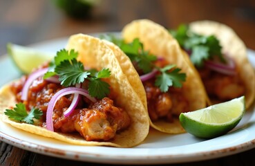 Delicious tacos with marinated chicken, red onion, cilantro garnish on plate. Freshly prepared meal with lime. Mexican cuisine, food, snack. Mexican restaurant, diner. Ready to eat.