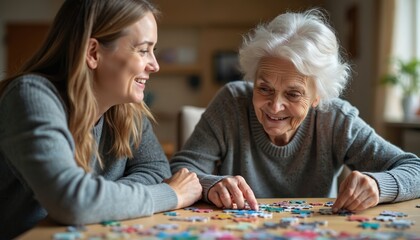 Young woman volunteer helps elderly lady resident solve jigsaw puzzle. Patient sharing stories, showing care, building connection, enjoying quality time. Social worker support, nurse helping,