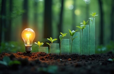 Obraz na płótnie Canvas Renewable energy growth concept. Light bulb illuminates chart shaped as growing seedlings in forest environment. Eco-friendly, sustainable development. Renewable energy investment market.