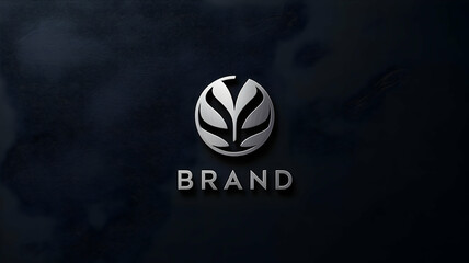 Silver logo mockup with the word brand on a dark blue textured background in a studio setting