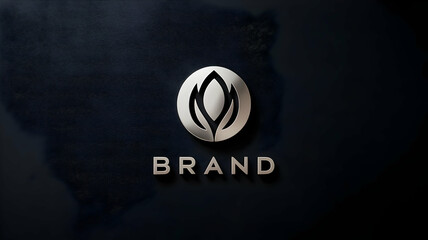 Silver brand logo mockup on dark blue textured wall with flower emblem and text below it center