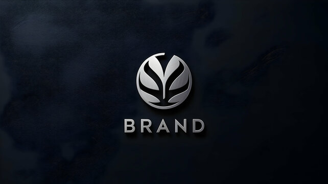 Silver logo mockup with the word brand on a dark blue textured background in a studio setting