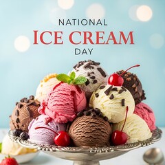 Celebratory Ice Cream Day Feast A Towering Display of Scoops with Toppings and Festive Cherries
