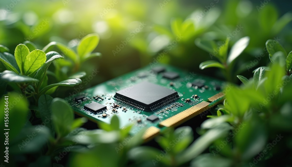 Poster computer memory board embedded in green foliage. tech, it, circuit board and green plants combine fo