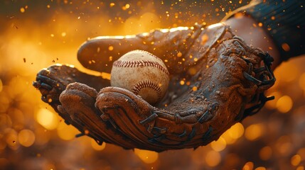 Hand in Worn Leather Baseball Glove Catching Ball in Dusty Sunlight
