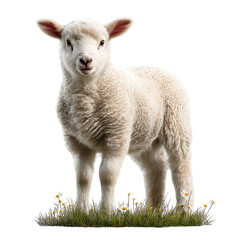 Obraz premium Small white fluffy newborn lamb standing on green grass with small flowers isolated on a transparent background for design use.