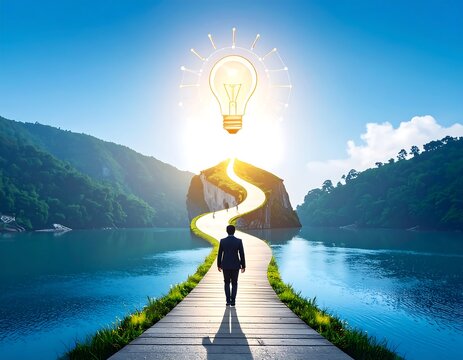 Businessman walks path to idea