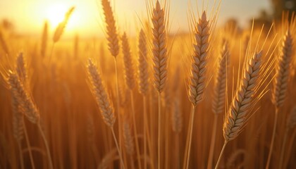 Golden wheat field at sunset. Ripe crops in agricultural farmland. Ears of golden wheat against warm light. Nature, harvest, agriculture and food production concepts.