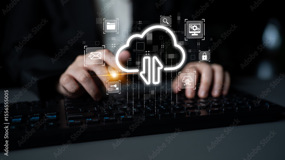 Poster cloud computing enables digital growth with secure data storage, scalable infrastructure, and strate