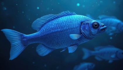 Fototapeta premium Digital art features glowing blue fish school, dark underwater scene. Marine life, aquatic animals in deep blue water. Surreal, fantasy concept for website banner.