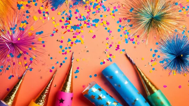 Bright confetti and noisemakers on a colored party background