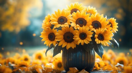 Sunflowers in Dark Vase with Autumnal Decor Close Up