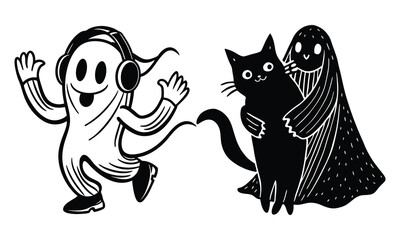 Cute Halloween Black Cat Sitting with Pumpkin |Spooky Cartoon Vector Illustration