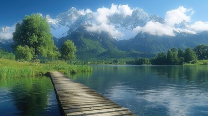 Wooden walkway leading to a tranquil lake surrounded by mountains.