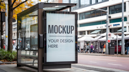 Outdoor bus stop advertisement mockup with city street background and pedestrian traffic view scene