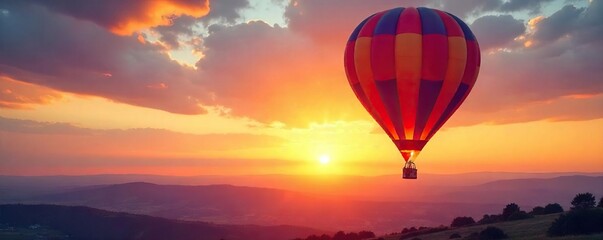 A vibrant hot air balloon ascends against a breathtaking sunset, symbolizing boundless imagination and the freedom to explore limitless possibilities , dream, sun, escape