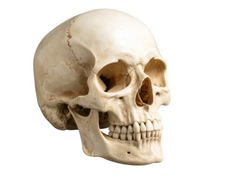 A realistic human skull model, isolated on a transparent background.