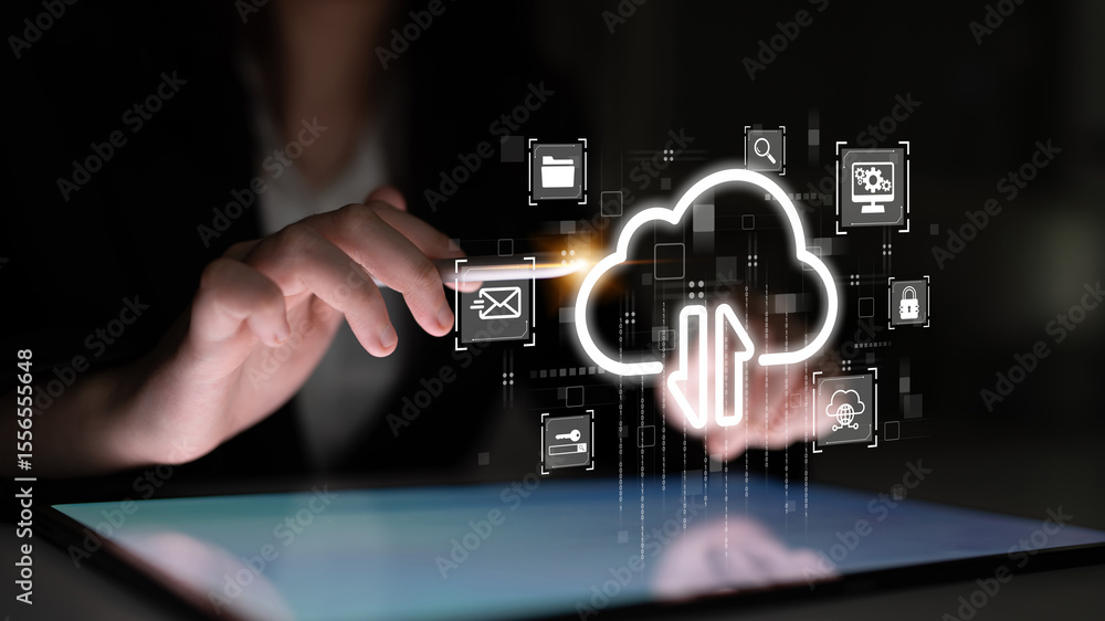 Poster cloud computing enables digital growth with secure data storage, scalable infrastructure, and strate