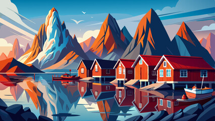 Fototapeta premium Jagged peaks rise above still fjords where red wooden cabins reflect in the glassy water. A soft mist adds mystery to the remote coastal charm.