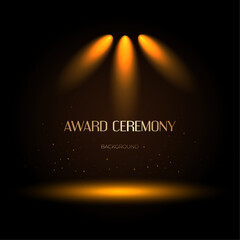 Golden spotlight stage background for award ceremony or luxury event. Shiny glowing lights and sparkles on dark scene for celebration, VIP honor, or movie premiere design.