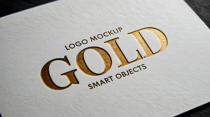 Close up of white card with gold logo mockup and smart objects text in elegant design style view
