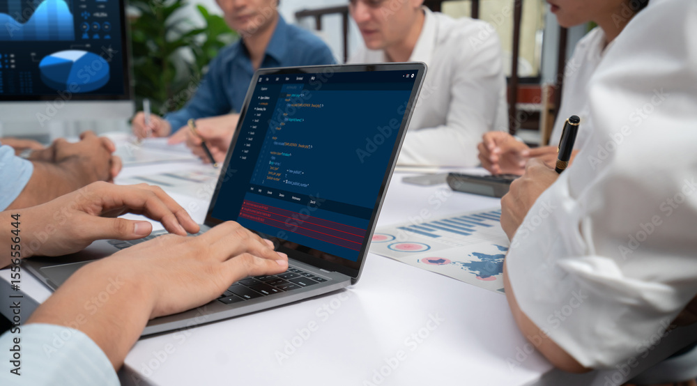 Aufkleber Software development programming on computer screen for brisk application and program coding