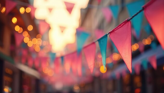 City street decorated with colorful pink and blue flags. Festive mood created with garlands. Bokeh lights on blurred background. Celebrating urban party.