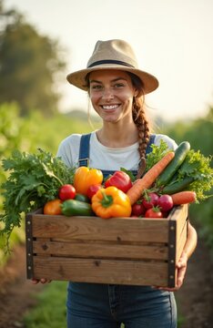 Smiling female farmer holds wooden basket fresh organic vegetables from harvest. Woman wears hat, denim overall in garden. Concept of sustainable agriculture, local food, eco farm. Gardening,