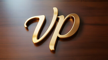 Golden vp letters on a dark brown surface with soft lighting and a smooth reflective finish look elegant