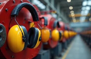 Yellow protective earmuffs hang on heavy industrial machines. Safety equipment for workers at factory. Noise reduction PPE device protects from loud sounds, industrial environment, machinery.